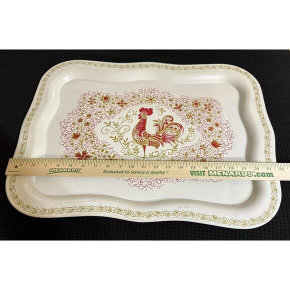 Set of 2 Vintage Mid Mod Rooster Metal Serving Trays Large 18" x 13" Retro 1960s - Picture 3 of 4